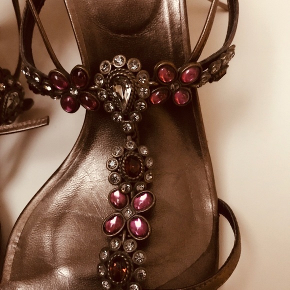 Stuart Weitzman Gold Leather Rhinestone Sandals - Picture 2 of 4